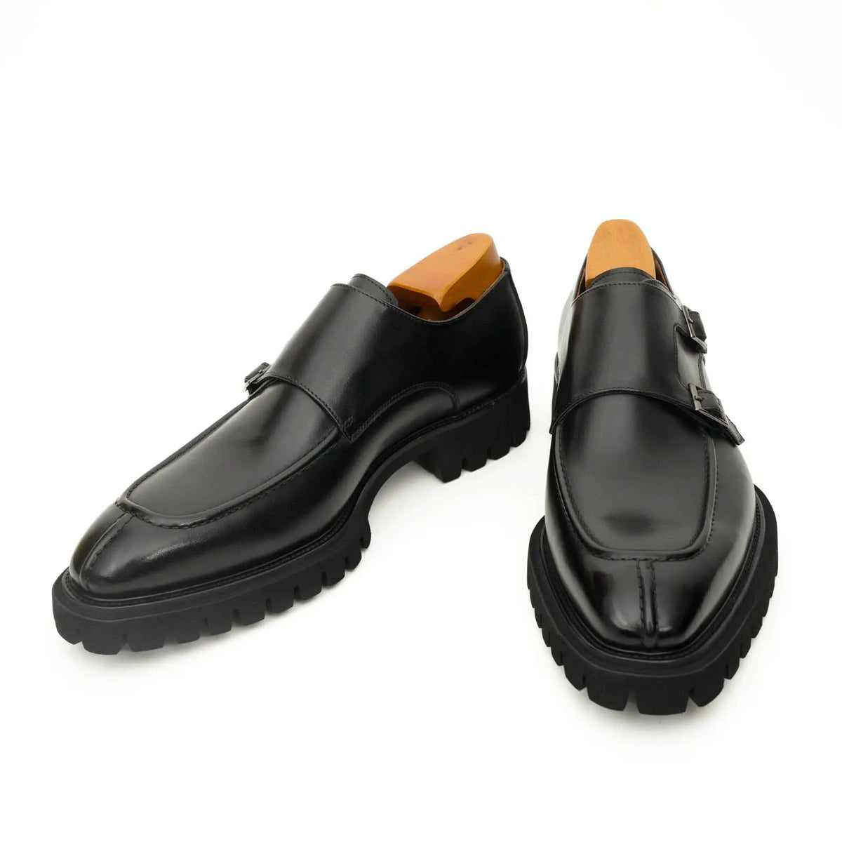 Black Apron-Toe Double Monk Strap Shoes with Lug Sole