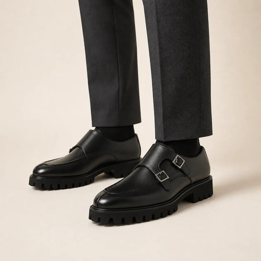 Black Apron-Toe Double Monk Strap Shoes with Lug Sole