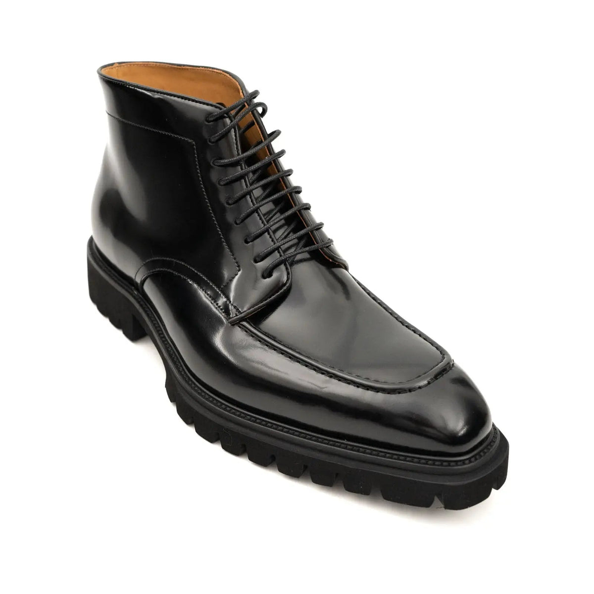 Black Lug Sole Apron-Toe Lace-Up Ankle Boot
