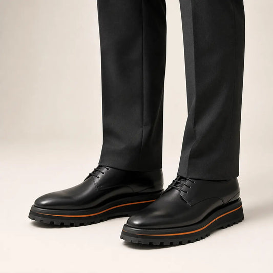 Black Plain-Toe Derby Shoes with Brown-Edge Lug Sole