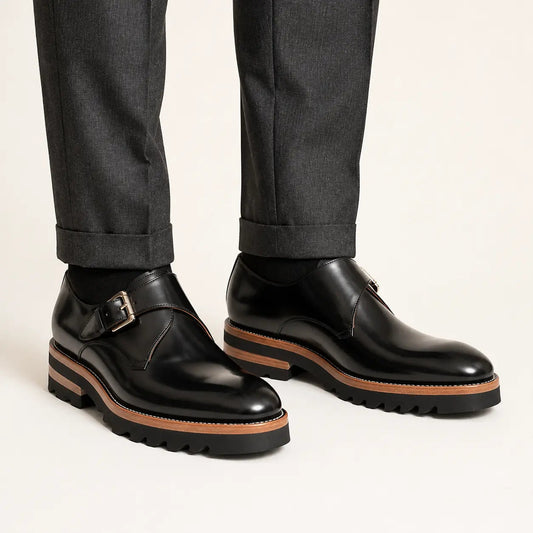 Black Plain-Toe Single Monk Strap Shoes with Brown-Band Lug Sole