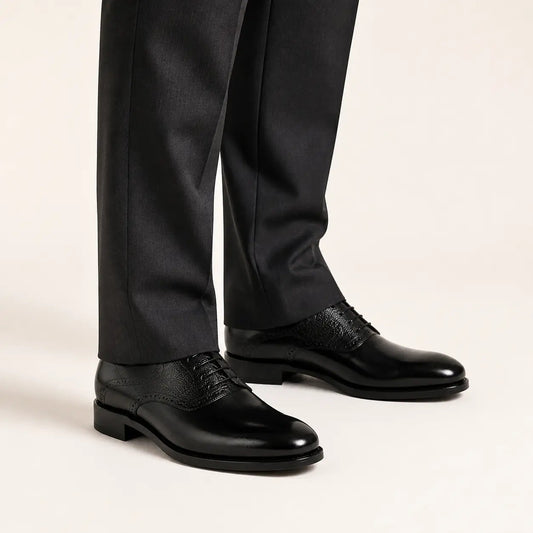 Black Plain-Toe Oxford Shoes with Textured Panels