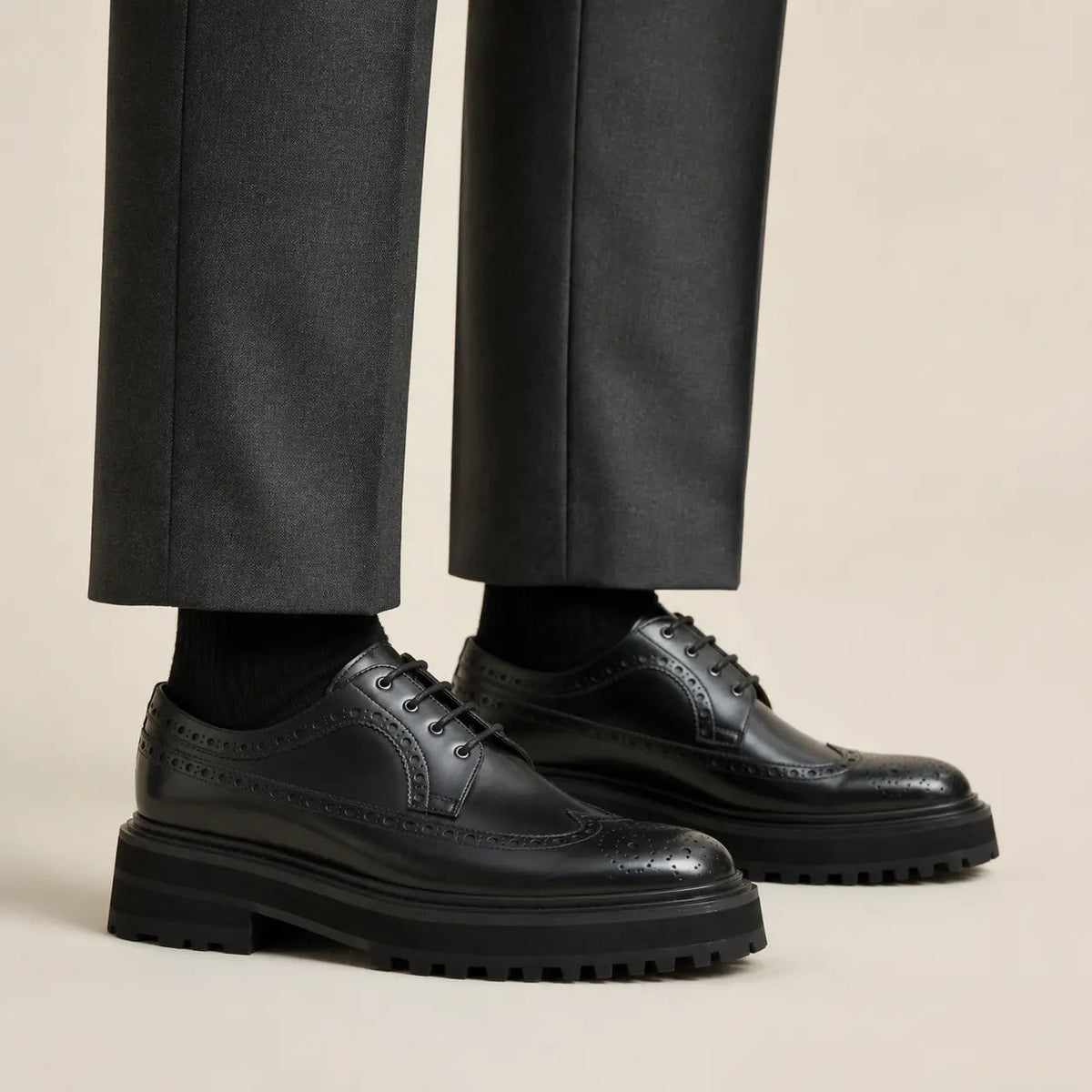 Black Glossy Lug Sole Wingtip Derby Shoe