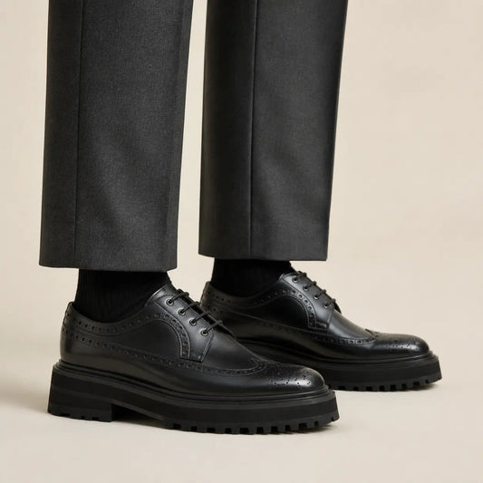 Black Glossy Lug Sole Wingtip Derby Shoe