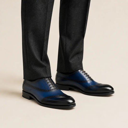 Blue Curved-Seam Oxford Shoes with Perforated Trim