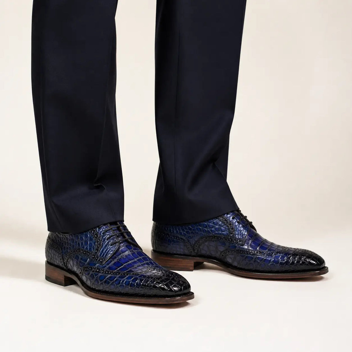 Blue Cap-Toe Derby Shoes with Perforated Detail