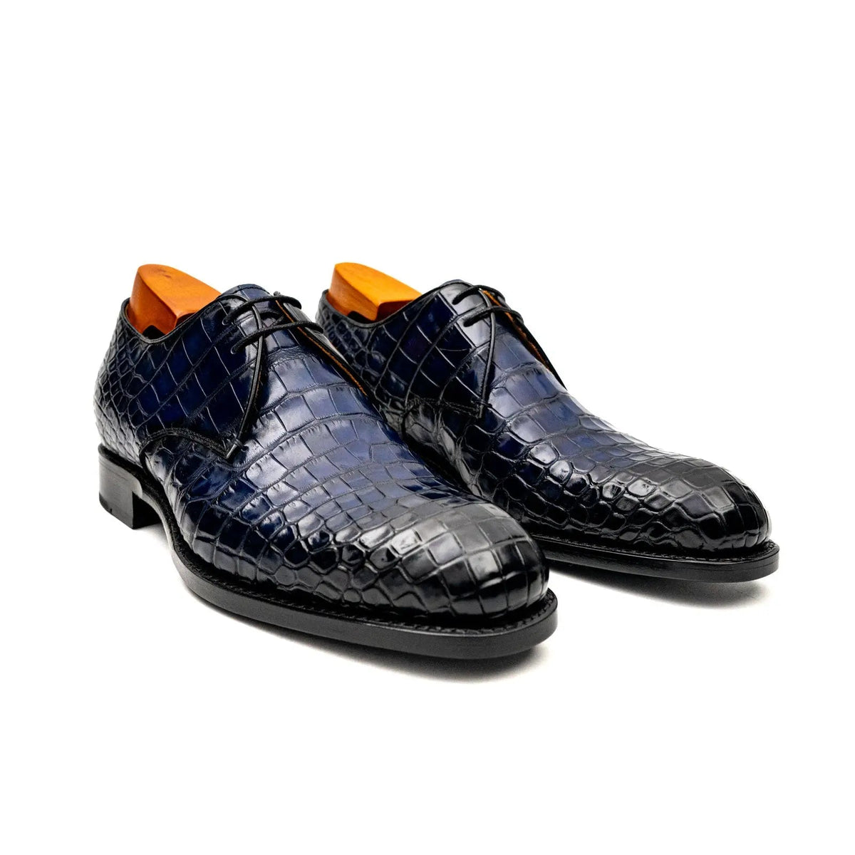 Dark Blue Plain-Toe Derby Shoes with Scale-Pattern Texture