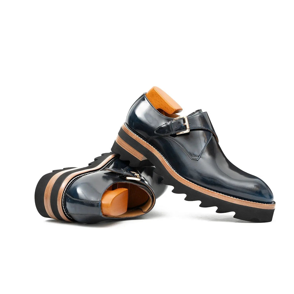 Dark Blue Single Monk Shoes with Brown-Band Ridged Sole