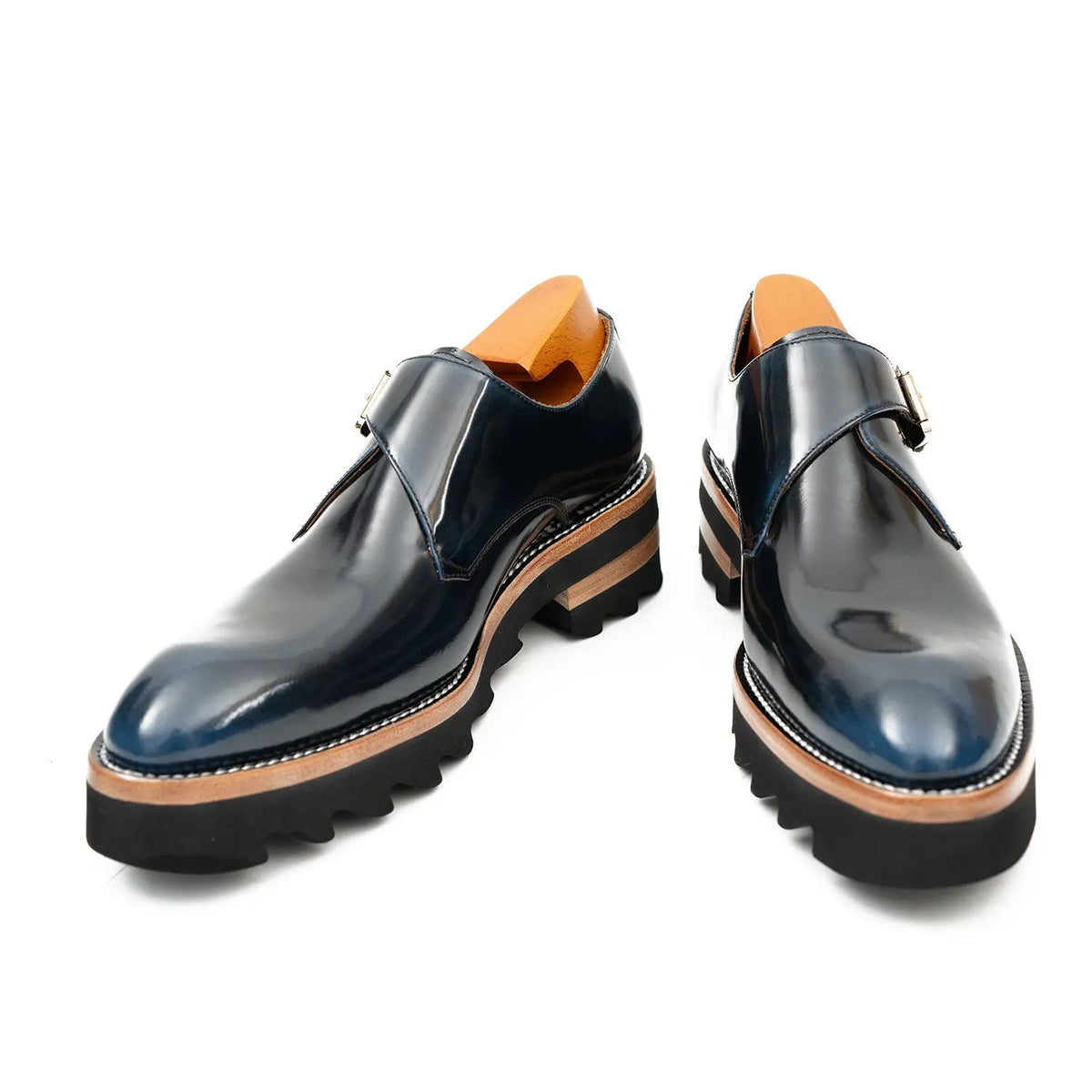 Dark Blue Single Monk Shoes with Brown-Band Ridged Sole