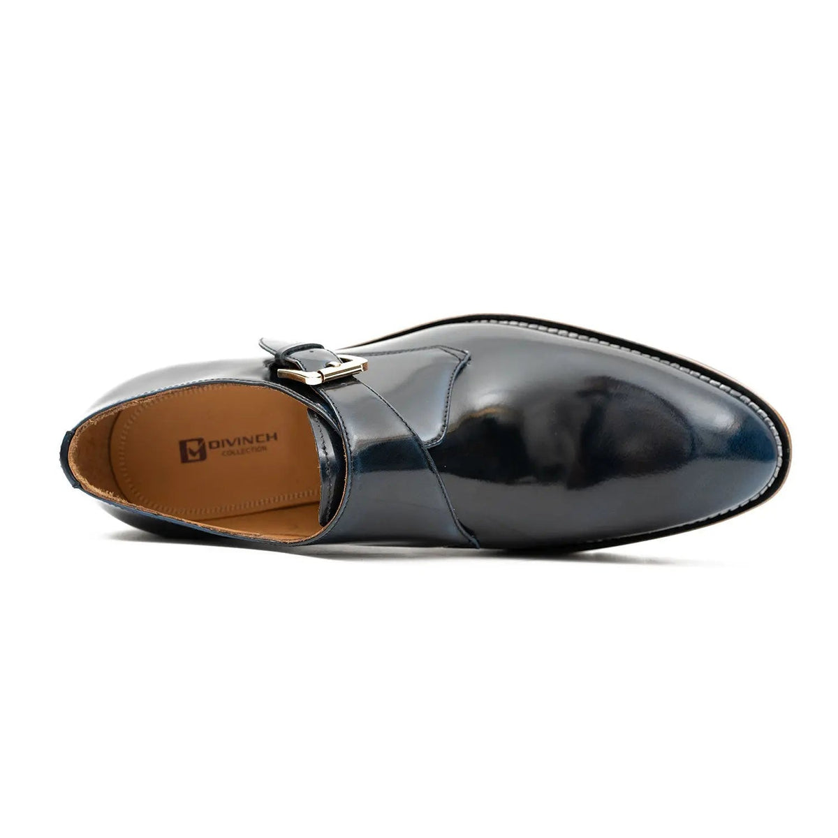 Dark Blue Single Monk Shoes with Brown-Band Ridged Sole