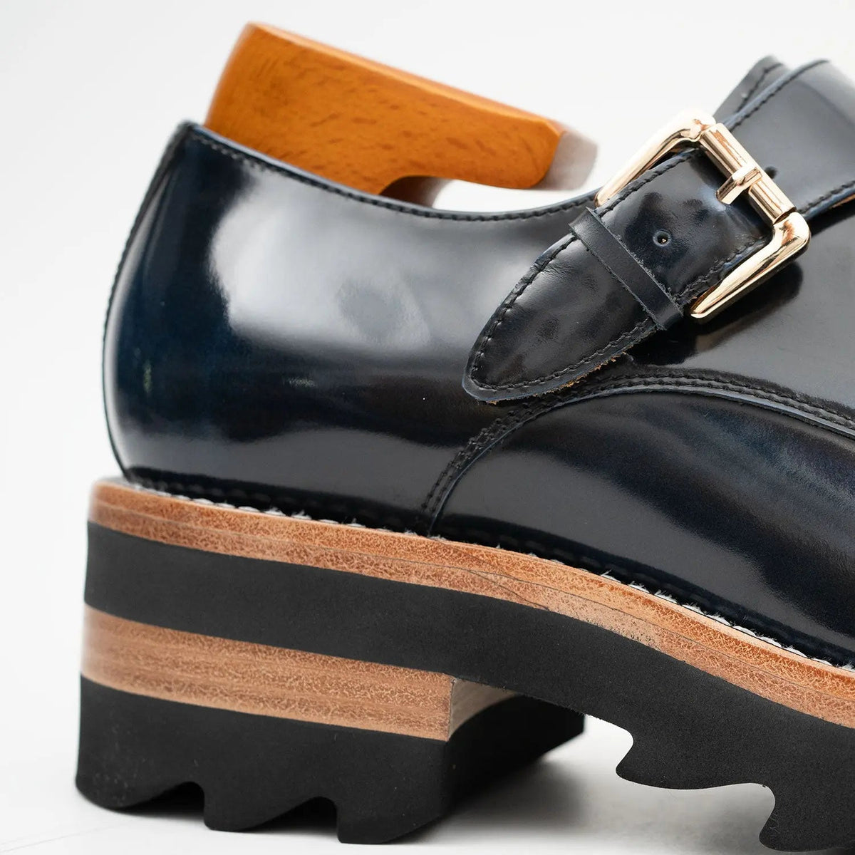 Dark Blue Single Monk Shoes with Brown-Band Ridged Sole