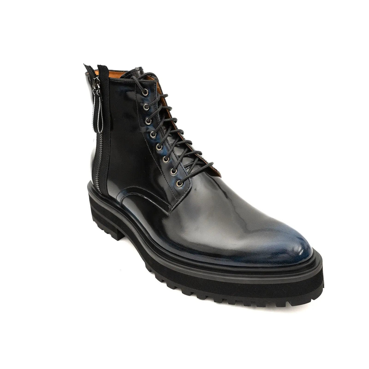 Black Lace-Up Ankle Boot with Blue Toe Shading