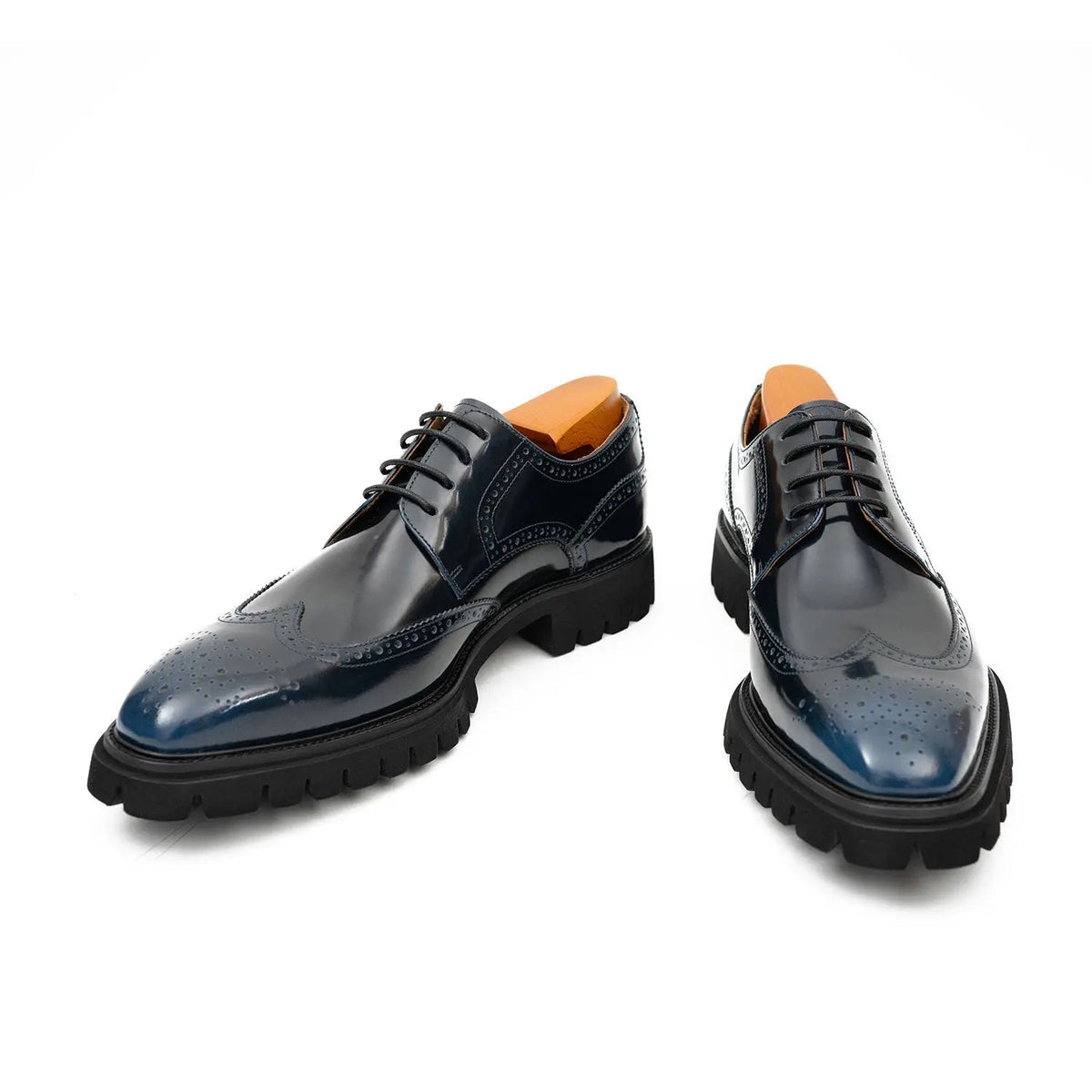 Dark Blue Wingtip Derby Shoes with Lug Sole