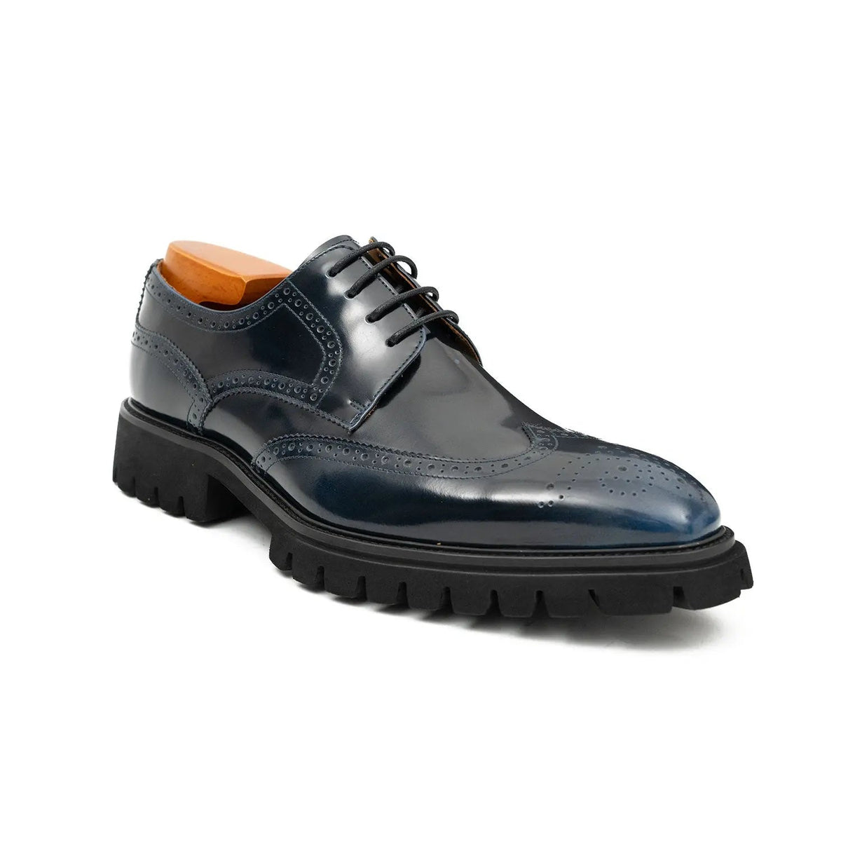 Dark Blue Wingtip Derby Shoes with Lug Sole