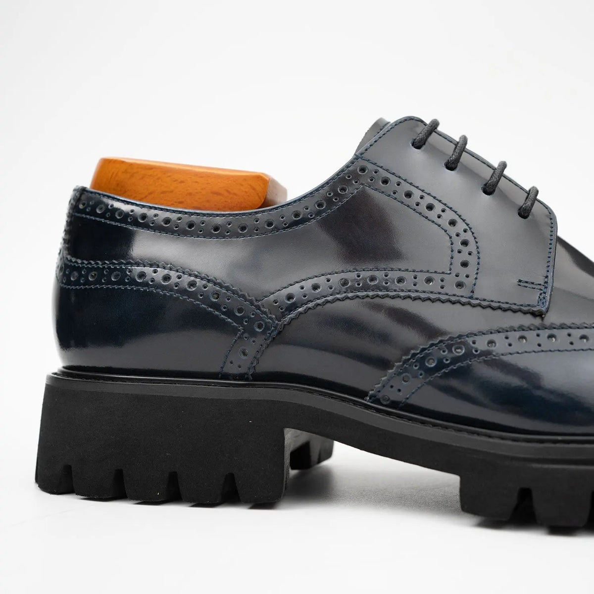 Dark Blue Wingtip Derby Shoes with Lug Sole