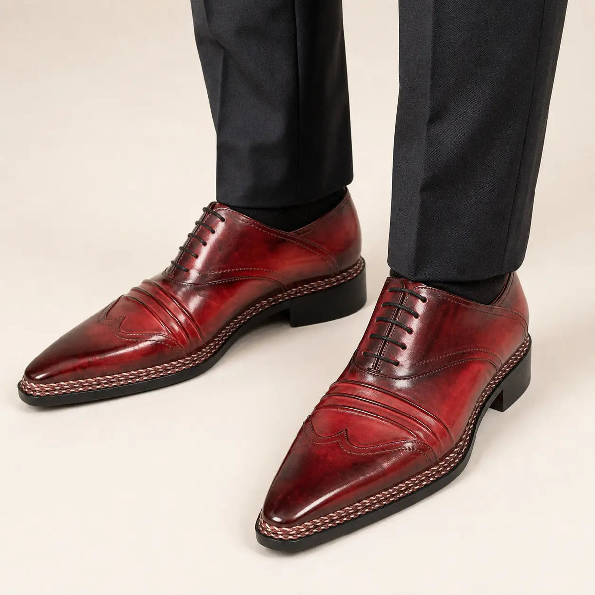 Red Textured Lace-Up Dress Shoe with Shaded Toe