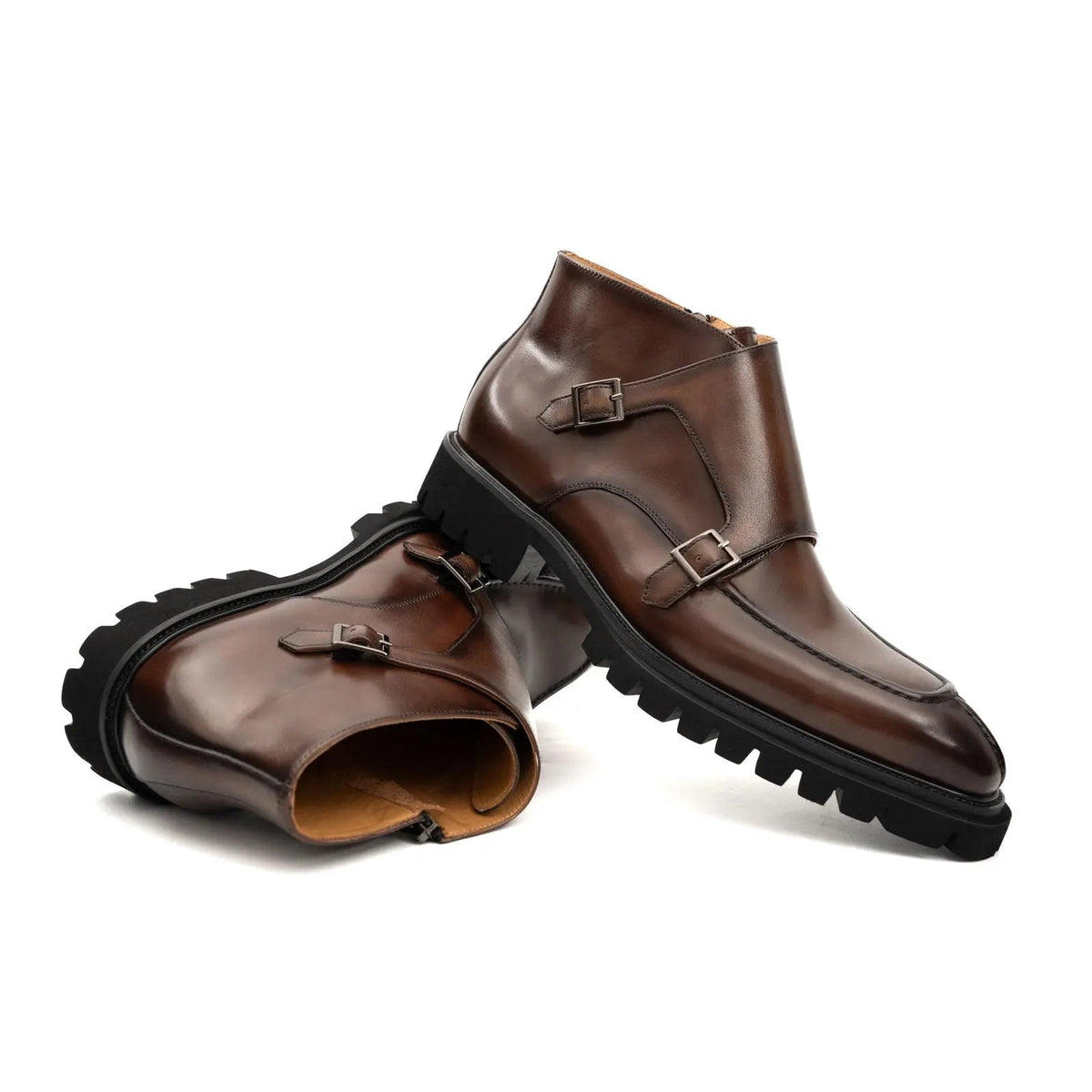 Brown Lug Sole Double Buckle Monk Ankle Boot