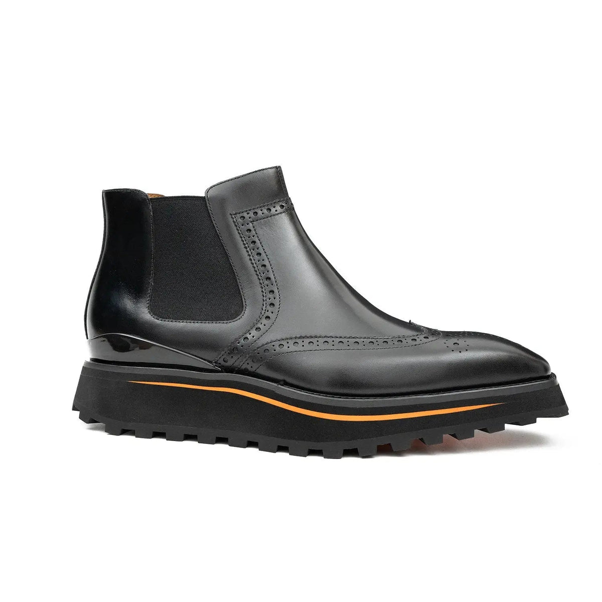 Black Wingtip Chelsea Boots with Brown-Edge Lug Sole