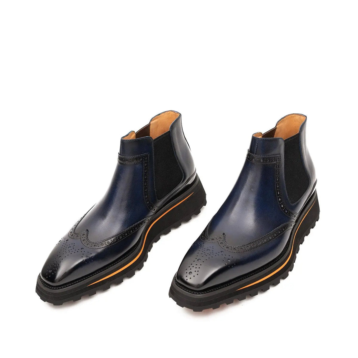 Dark Blue Wingtip Chelsea Boots with Brown-Edge Lug Sole