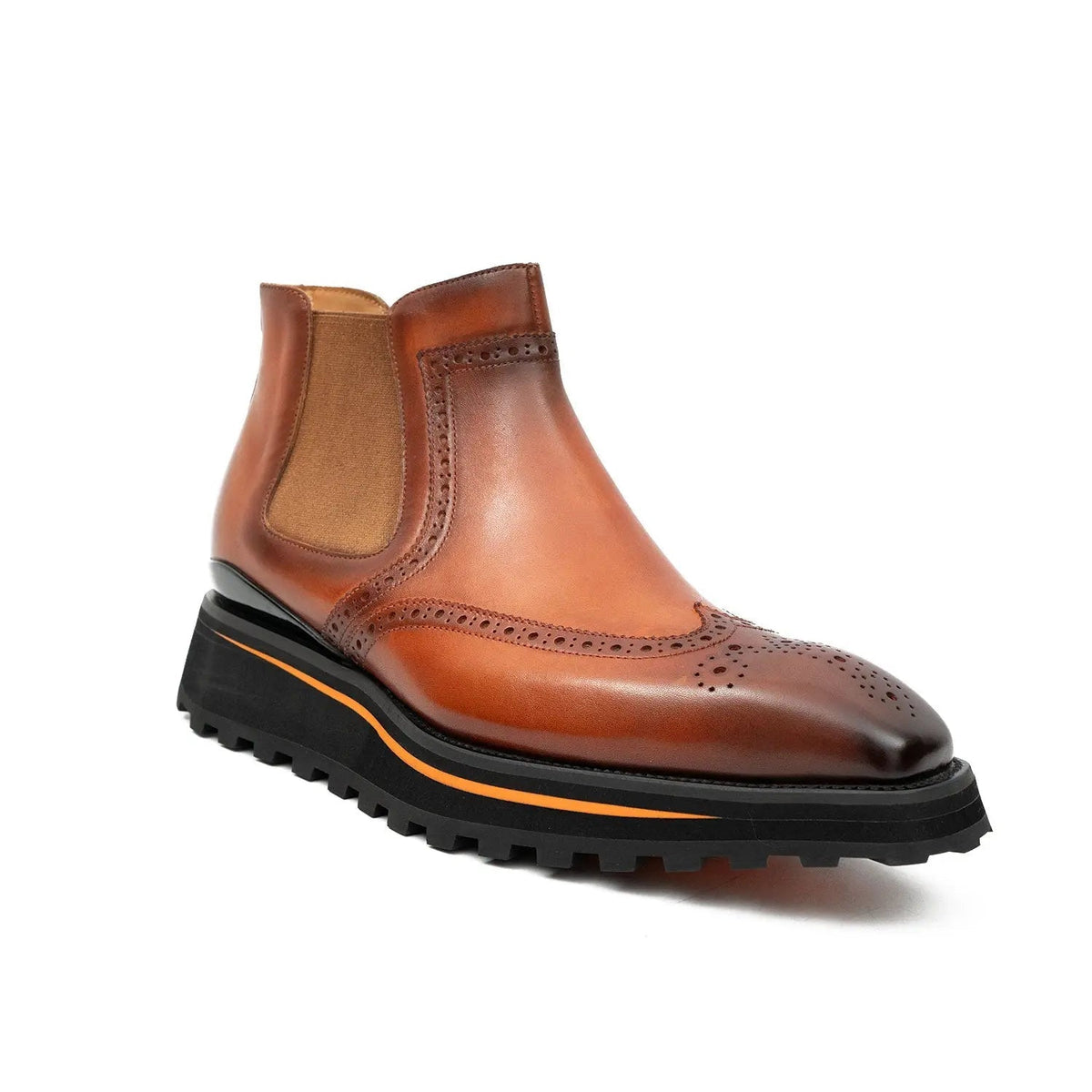 Orange-Brown Wingtip Chelsea Boots with Brown-Edge Lug Sole