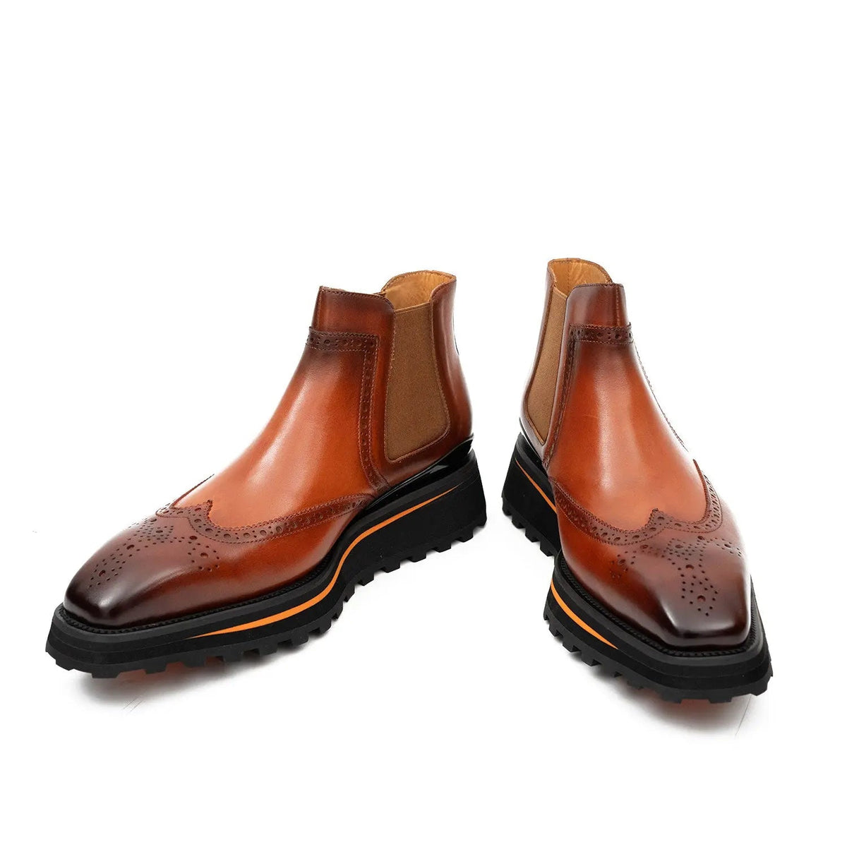 Orange-Brown Wingtip Chelsea Boots with Brown-Edge Lug Sole