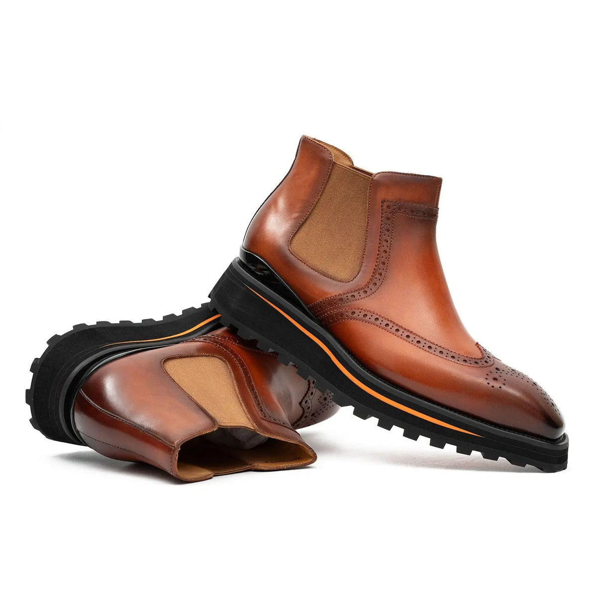Orange-Brown Wingtip Chelsea Boots with Brown-Edge Lug Sole