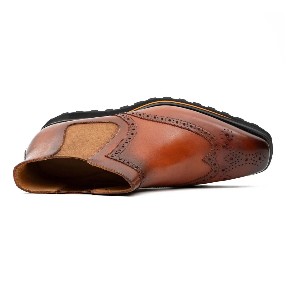 Orange-Brown Wingtip Chelsea Boots with Brown-Edge Lug Sole