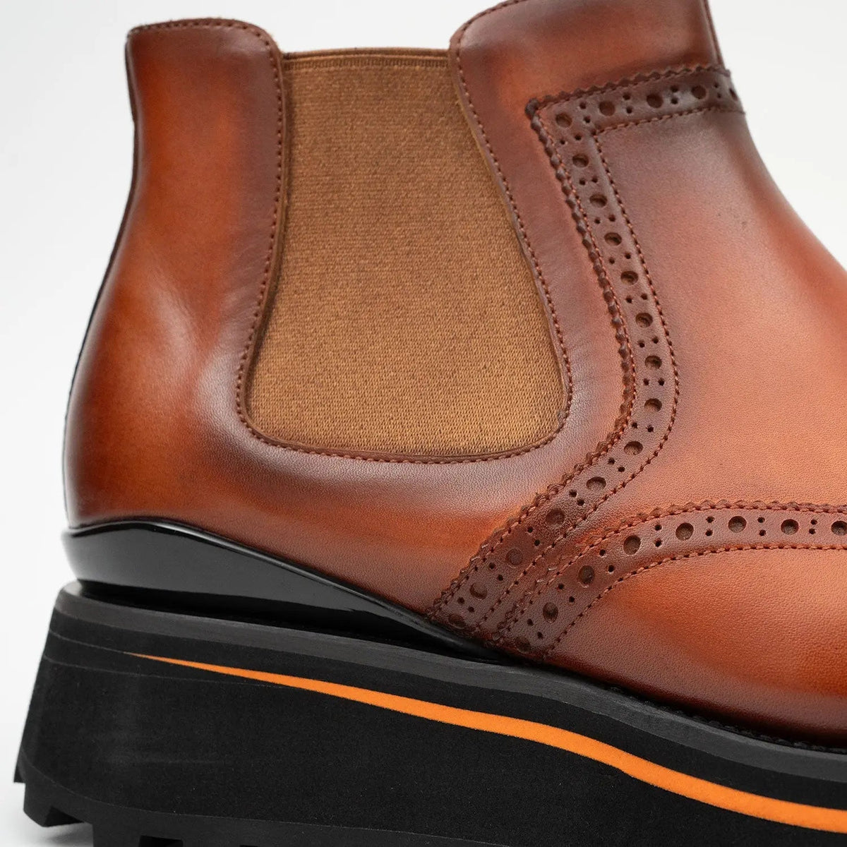 Orange-Brown Wingtip Chelsea Boots with Brown-Edge Lug Sole