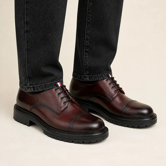 Dark Reddish Brown Cap-Toe Derby Shoes with Pull Tab