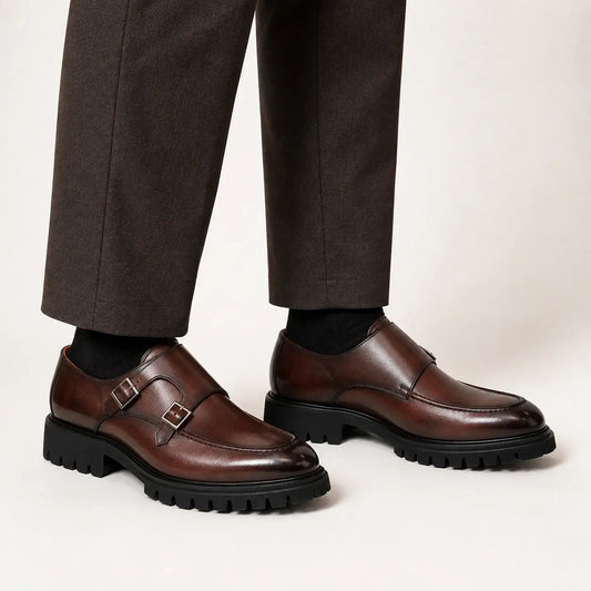Brown Apron-Toe Double Monk Strap Shoes with Lug Sole
