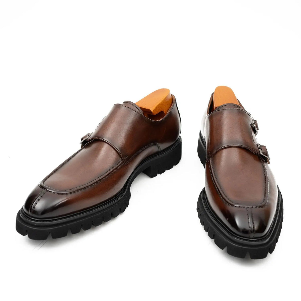 Brown Apron-Toe Double Monk Strap Shoes with Lug Sole