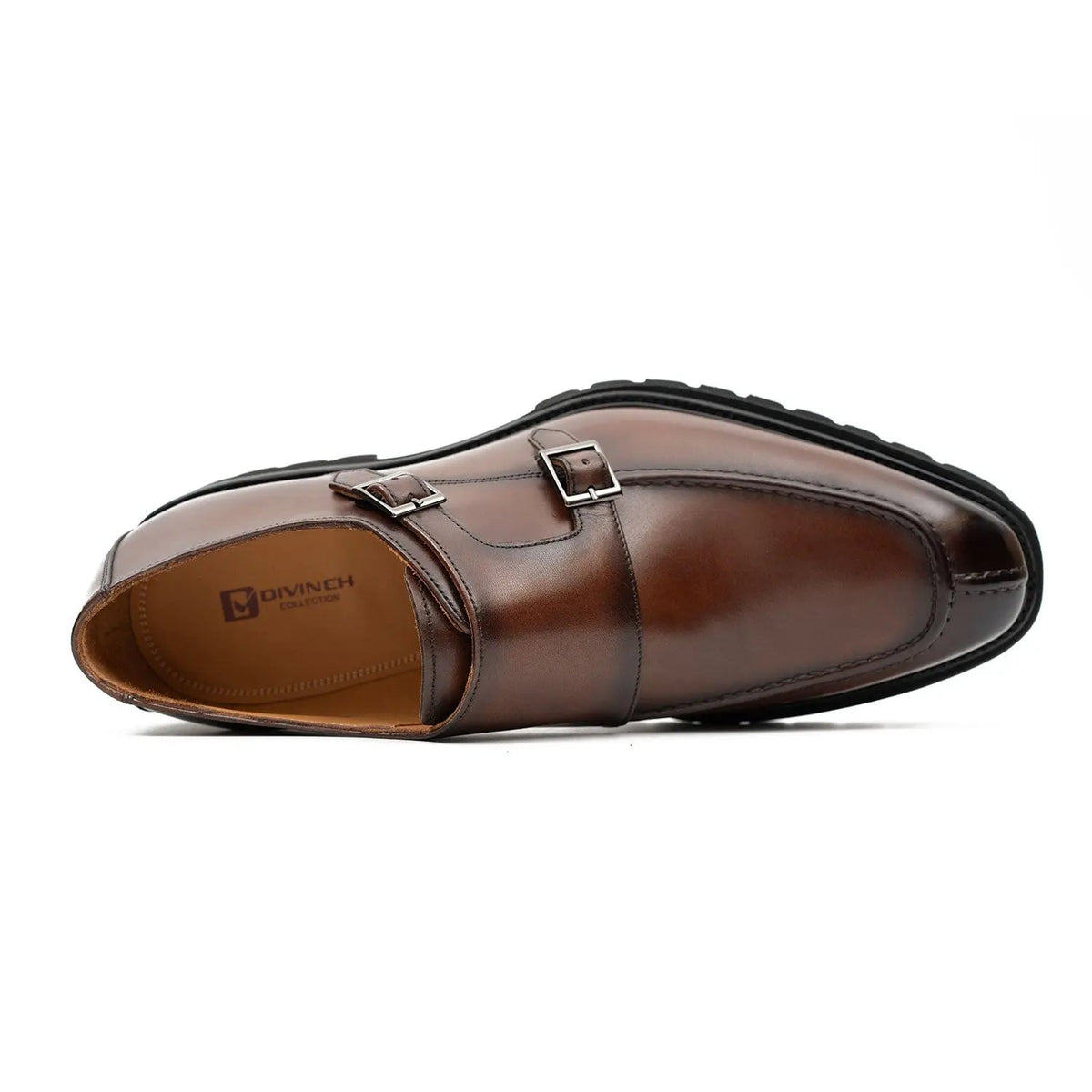 Brown Apron-Toe Double Monk Strap Shoes with Lug Sole