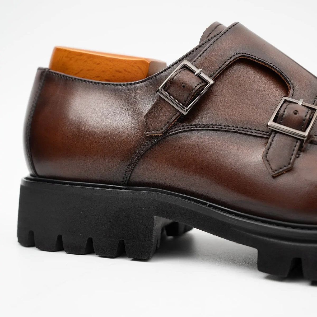 Brown Apron-Toe Double Monk Strap Shoes with Lug Sole