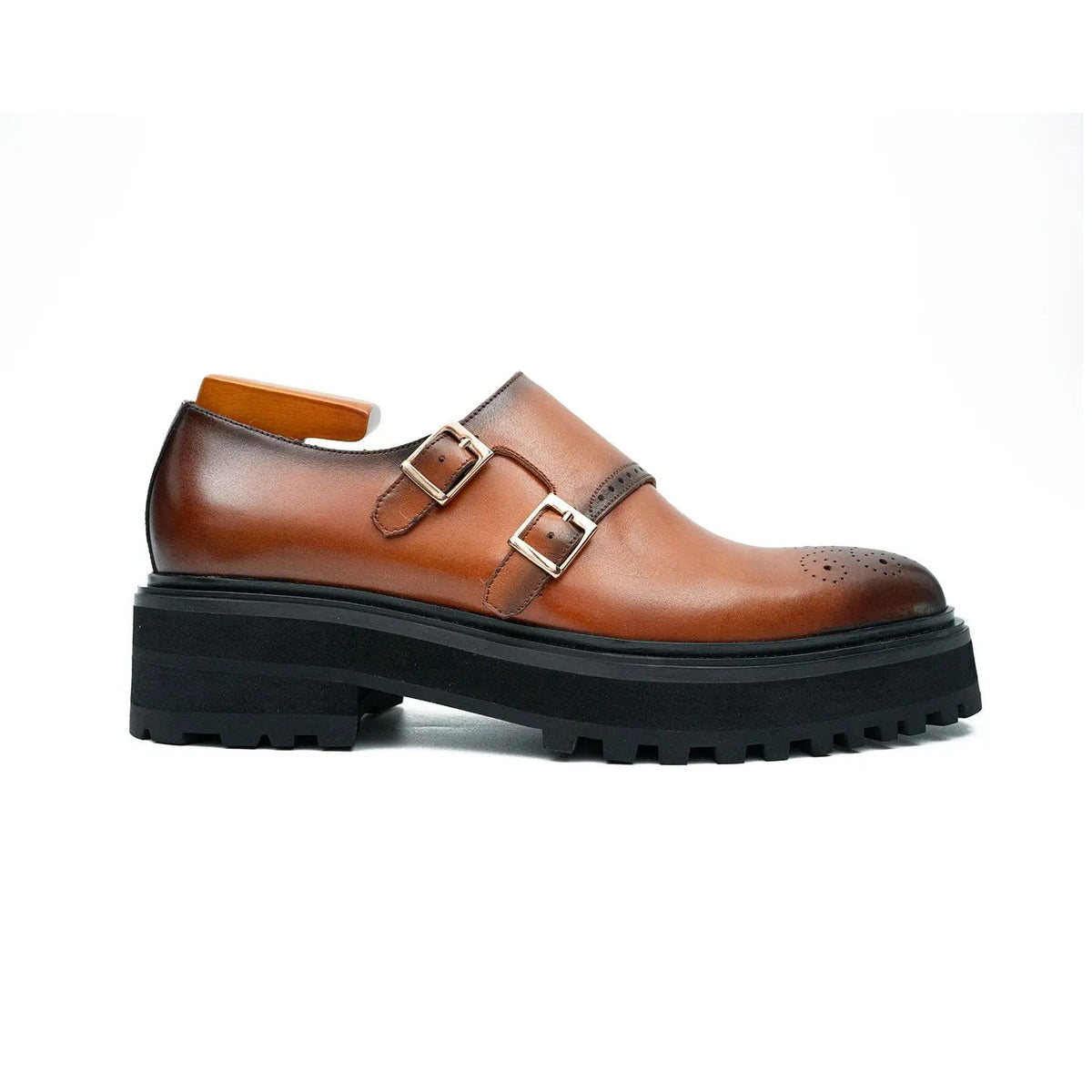 Cognac Brown Double Monk Shoe with Dark Toe