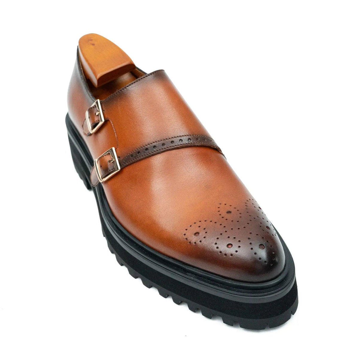 Cognac Brown Double Monk Shoe with Dark Toe
