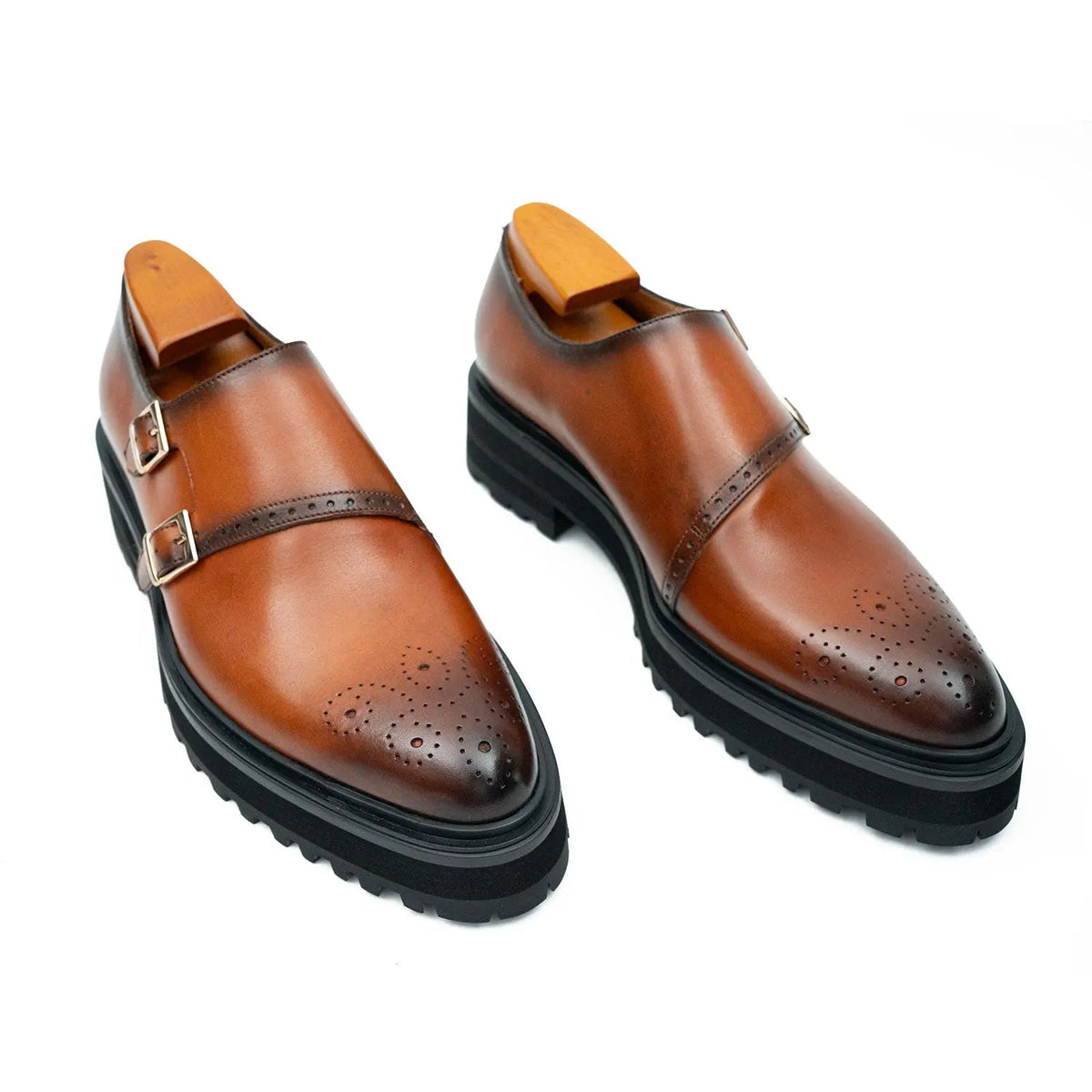 Cognac Brown Double Monk Shoe with Dark Toe