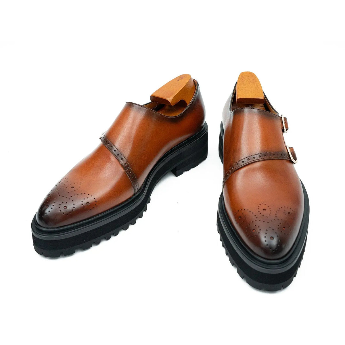 Cognac Brown Double Monk Shoe with Dark Toe