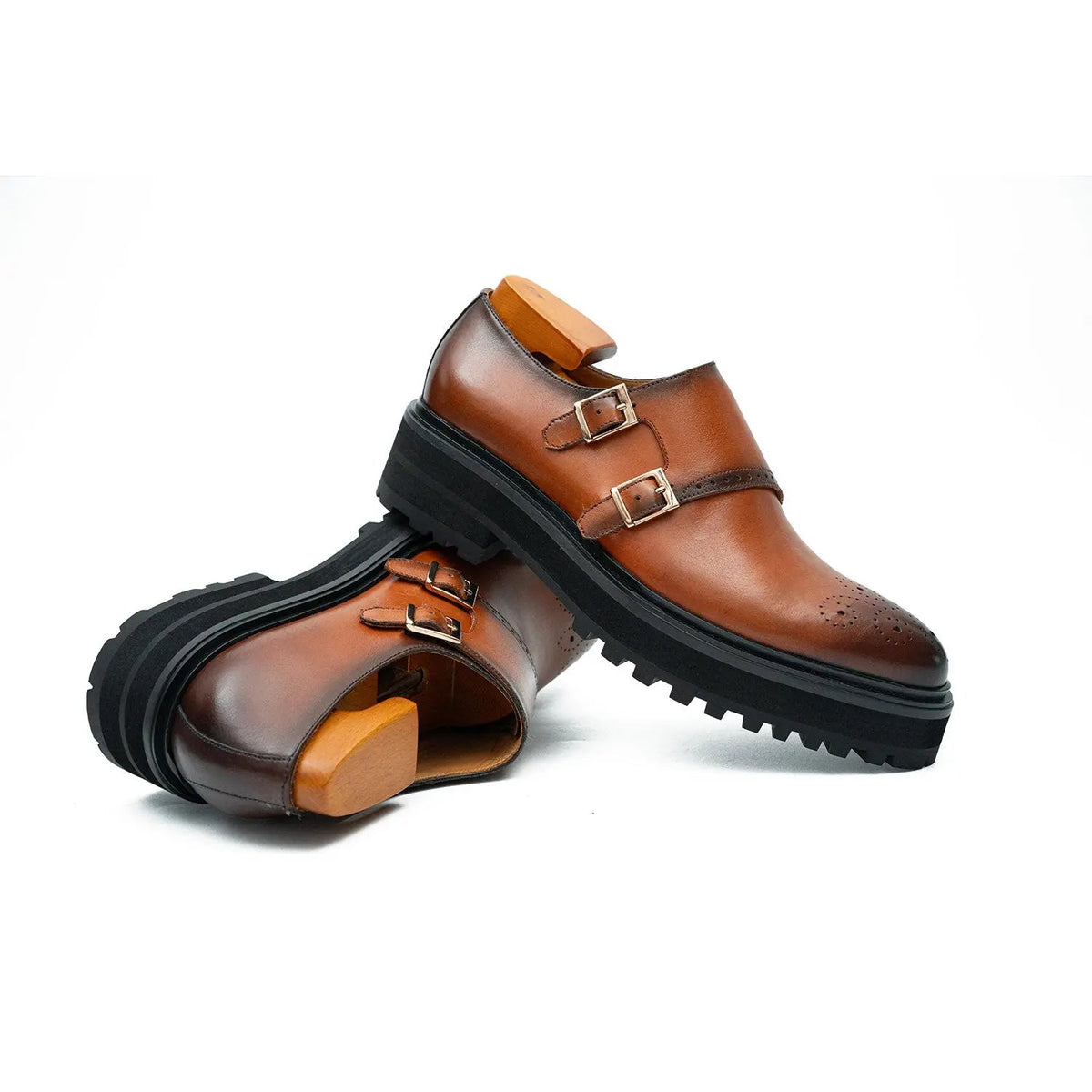 Cognac Brown Double Monk Shoe with Dark Toe