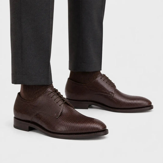 Brown Plain-Toe Derby Shoes with Fine Scale Texture