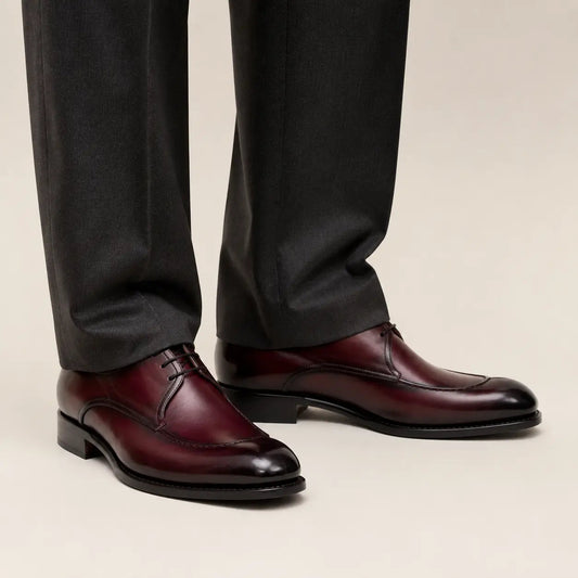 Burgundy Apron-Toe Derby Shoes with Polished Finish