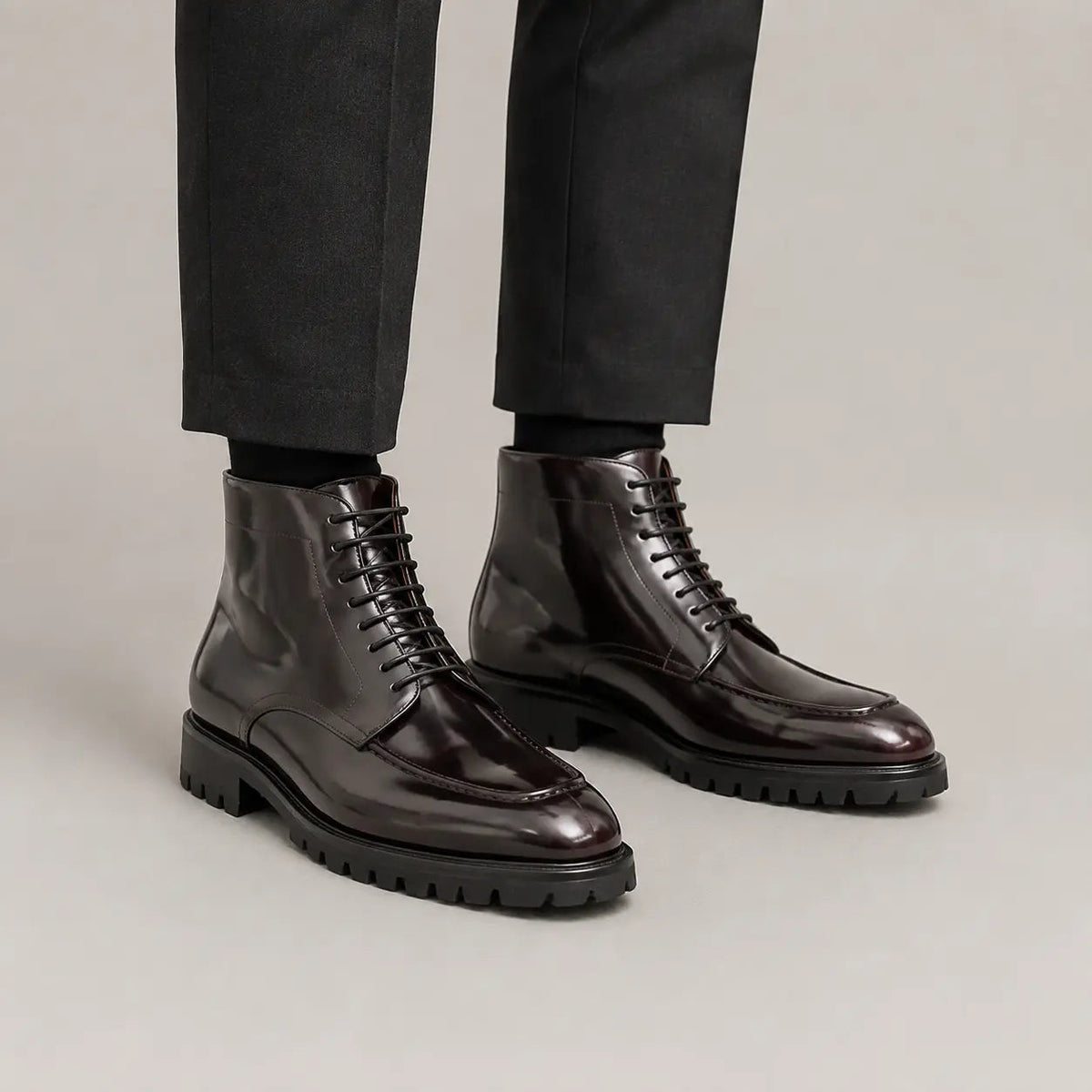 Dark Burgundy Lug Sole Apron-Toe Lace-Up Ankle Boot