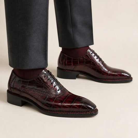 Burgundy Textured Oxford Shoe with Tapered Squared Toe