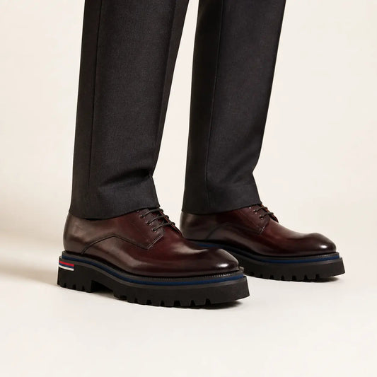 Burgundy Square-Toe Derby Shoes with Pull Tab