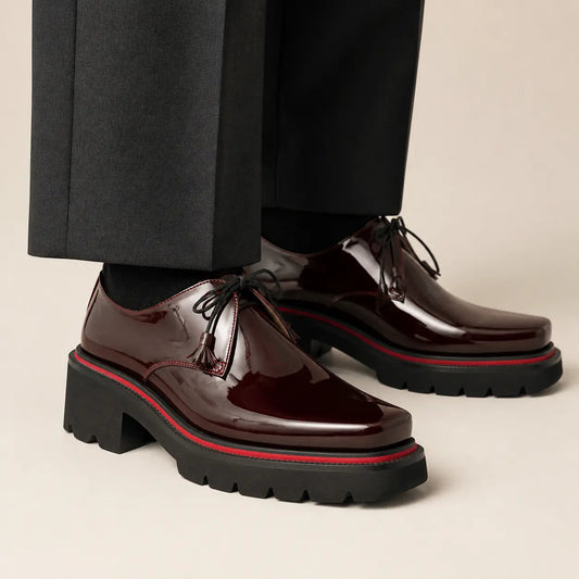 Burgundy Glossy Calfskin Derby Shoes with Lace-End Tassels