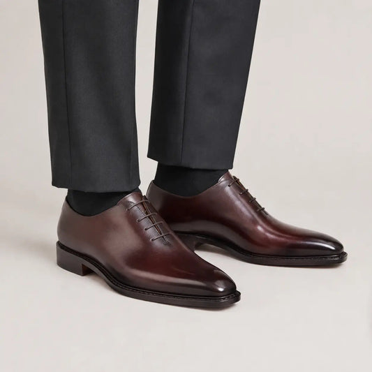 Deep Reddish Brown Square-Toe Oxford Shoes with Glossy Finish