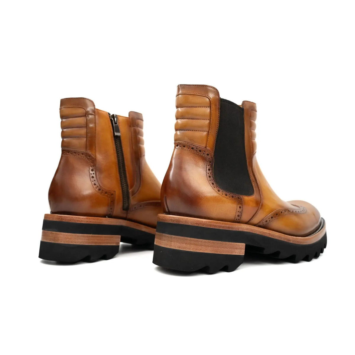 Golden Tan-Brown Lug Sole Wingtip Chelsea Ankle Boot