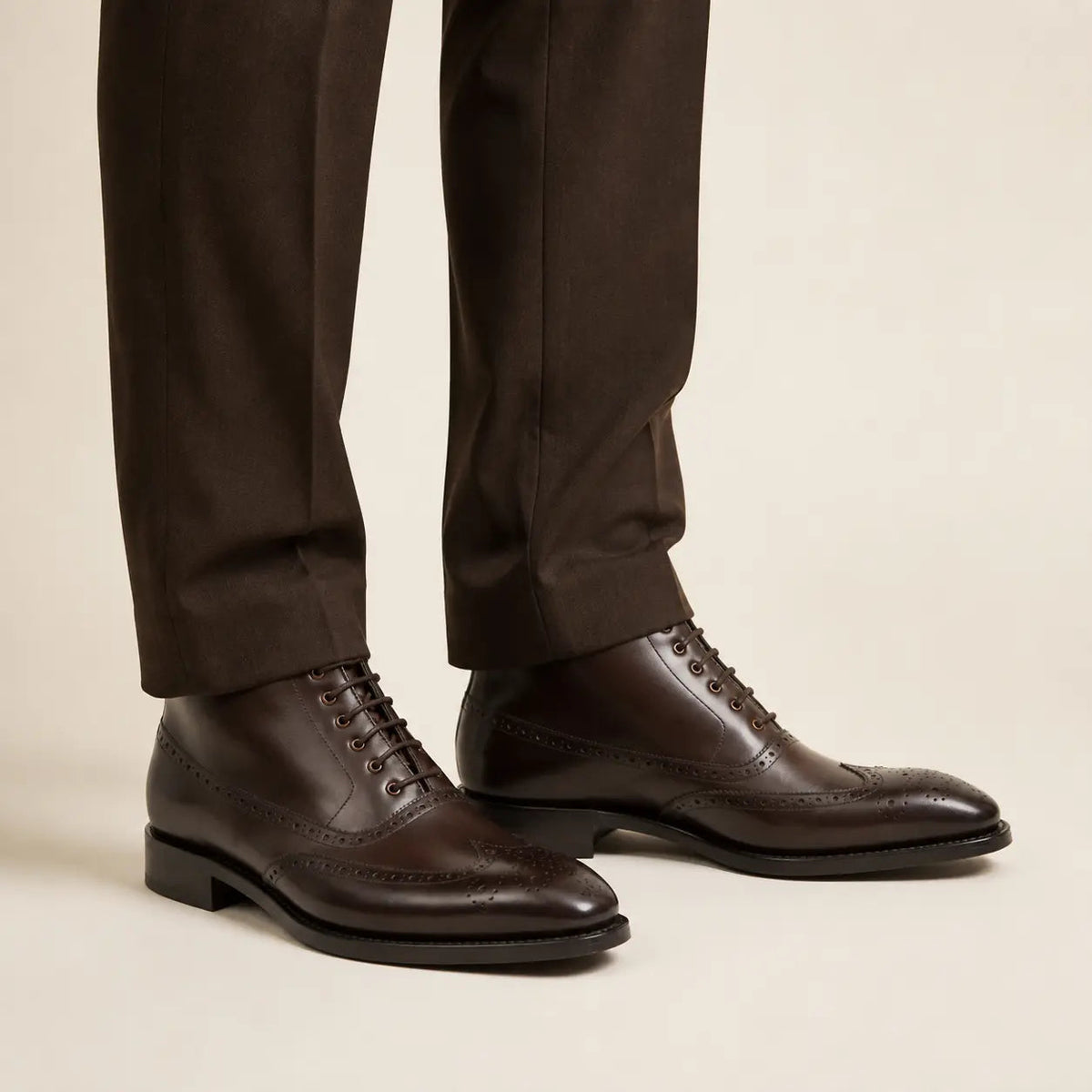 Dark Brown Square-Wingtip Ankle Boots with Side Zipper