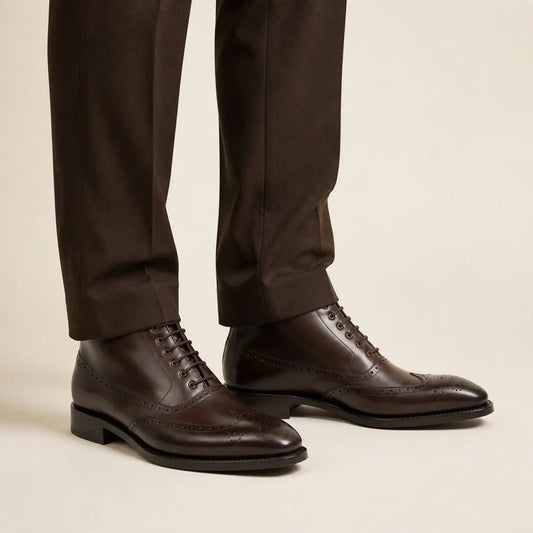 Dark Brown Square-Wingtip Ankle Boots with Side Zipper