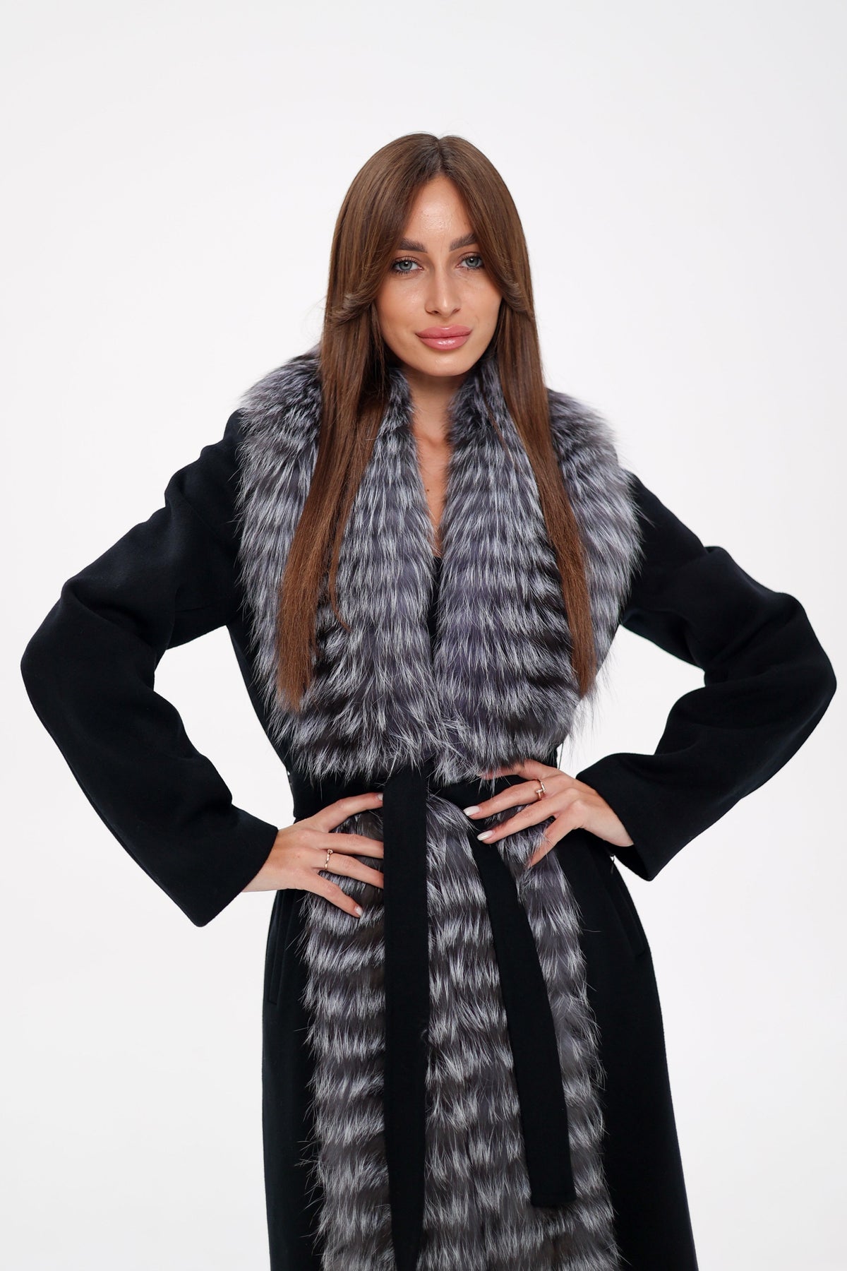 Genuine Silver Fox Virgin Wool Wrap Coat in Black