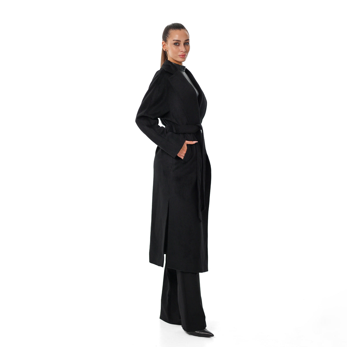 Cambridge Comfort Wraparound Wool Cashmere Coat in Black